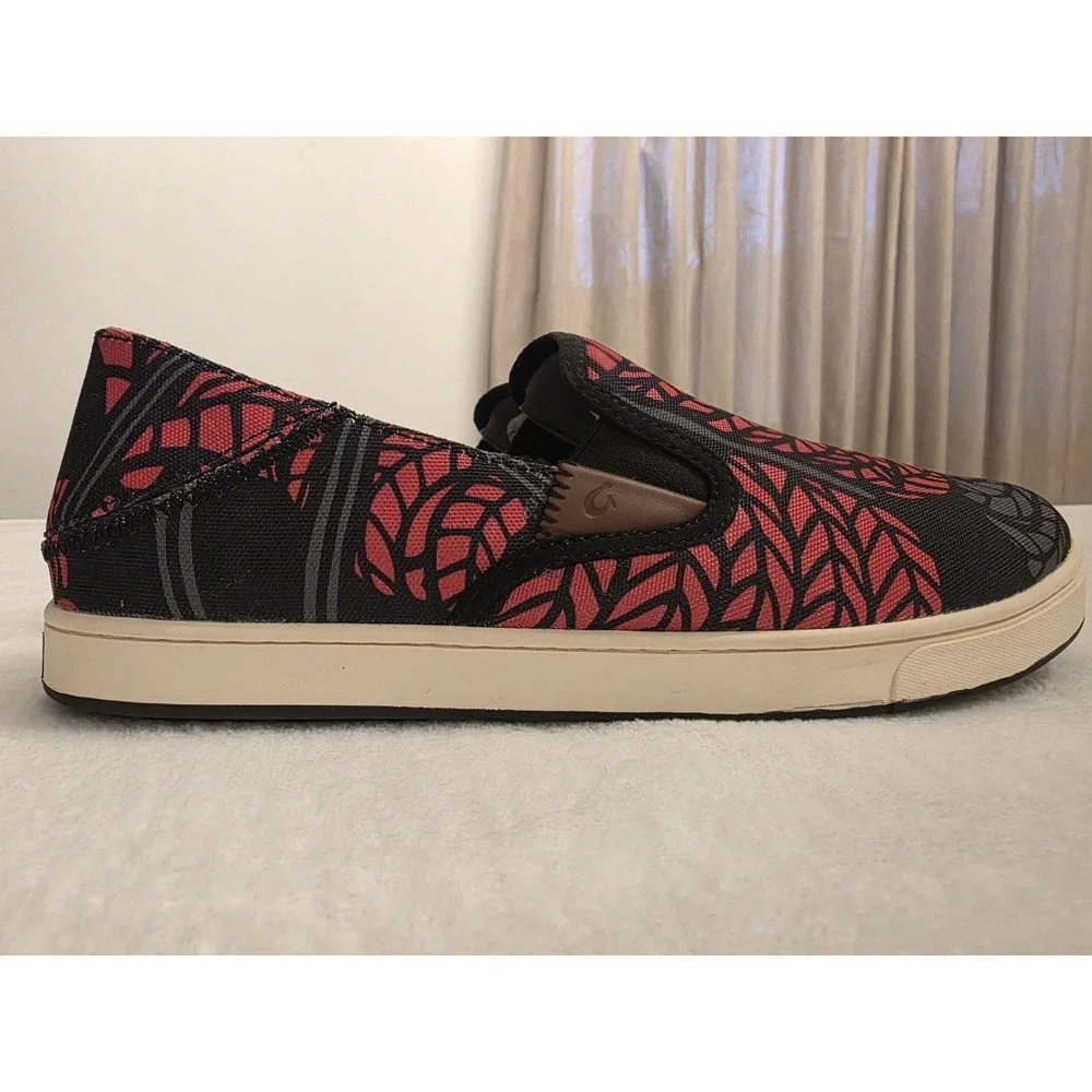 Olukai Kahu PowWow Slip On Shoes Mens 11.5 Red Black Leaf Canvas Loafers 10372